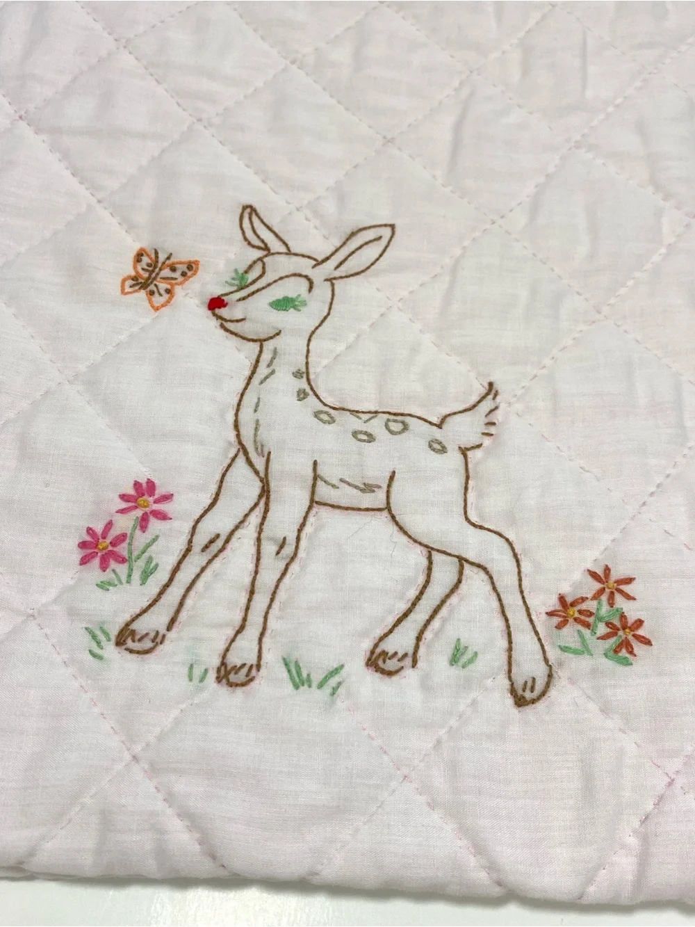 Vintage White & Pink Quilted Baby Blanket with Embroidered Animals